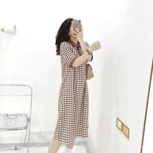 Đầm nữ cổ bẻ bigsize bầu mặc được basic Váy polo cộc tay dáng dài suông form rộng phối viền nâu họa tiết ziczac T1261G