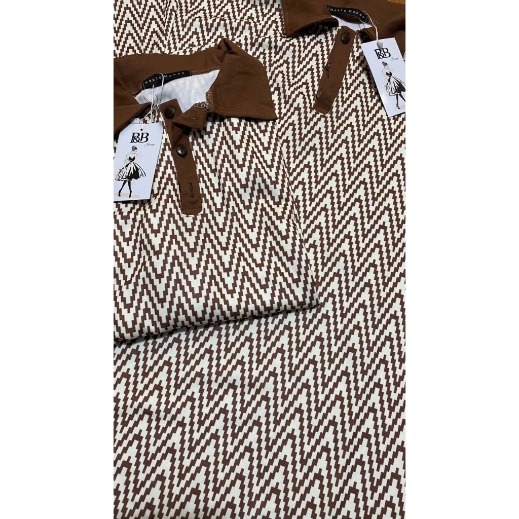 Đầm nữ cổ bẻ bigsize bầu mặc được basic Váy polo cộc tay dáng dài suông form rộng phối viền nâu họa tiết ziczac T1261G