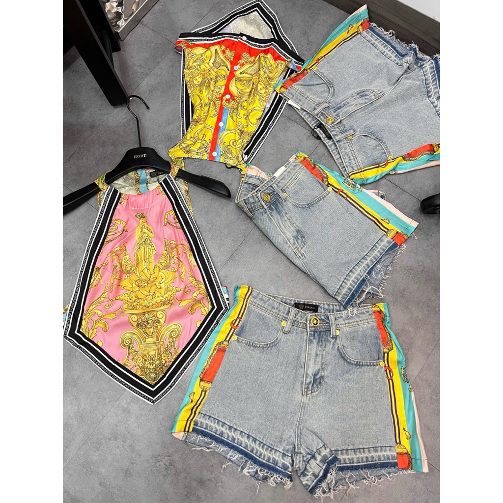set áo yếm lụa & quần short jean phối màu