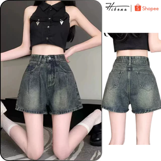 [LOẠI 1] Quần Short Jeans Nữ Cạp Cao, Quần Bò Đùi Hack Chân Thiết Kế 2 Cúc Màu Xanh Bụi S06 Hibena