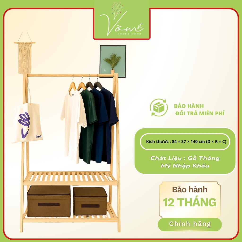 Vòm Decor – Kệ Treo Quần Áo Chữ A Gỗ Thông Mỹ Cao Cấp | Có Tầng Để Túi & Giày, Decor Shop – Mã AT12-1