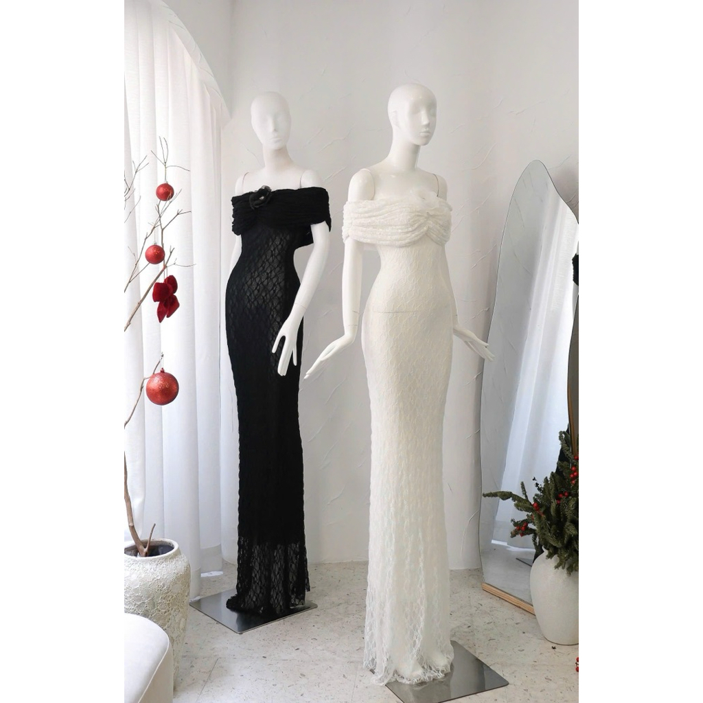 Đầm Body ren bẹt vai nhún cài hoa sang trọng