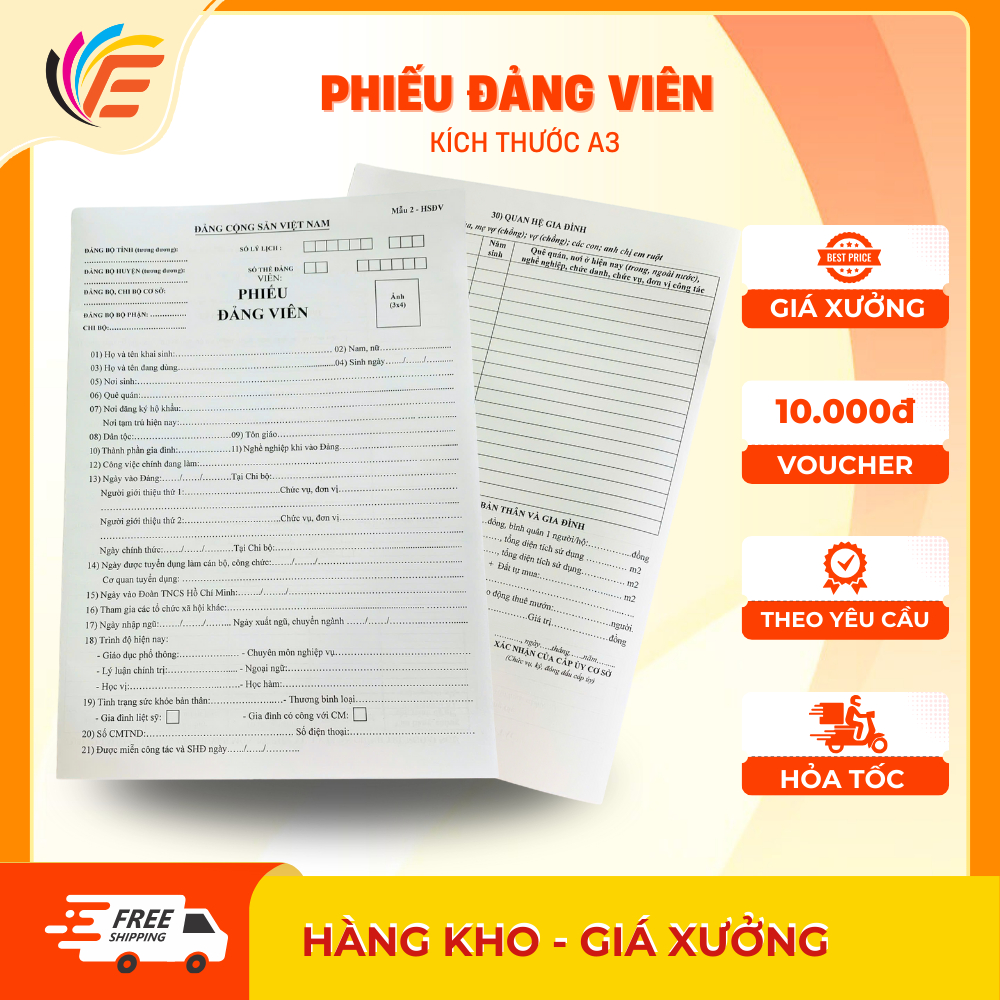 Combo 5 Phiếu Đảng Viên Mẫu 2 - HSĐV Kích Thước A3 - Định Lượng 80gsm