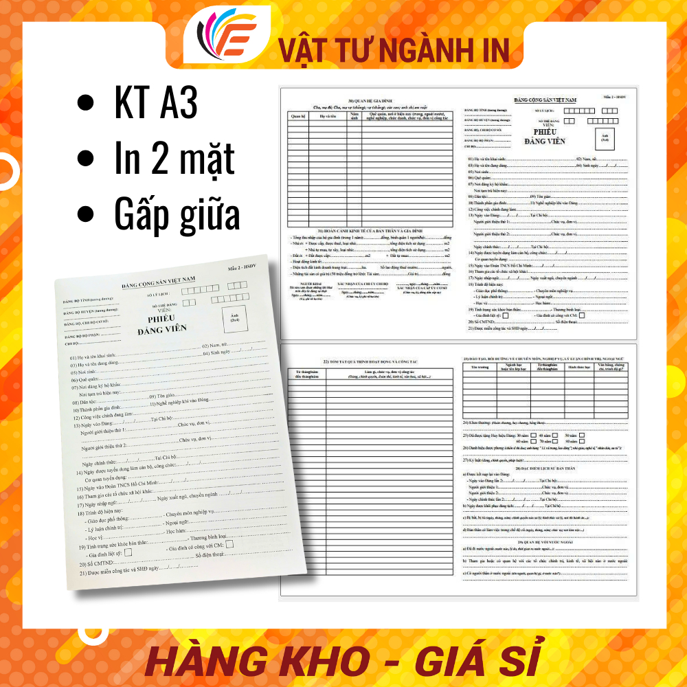 Combo 5 Phiếu Đảng Viên Mẫu 2 - HSĐV Kích Thước A3 - Định Lượng 80gsm
