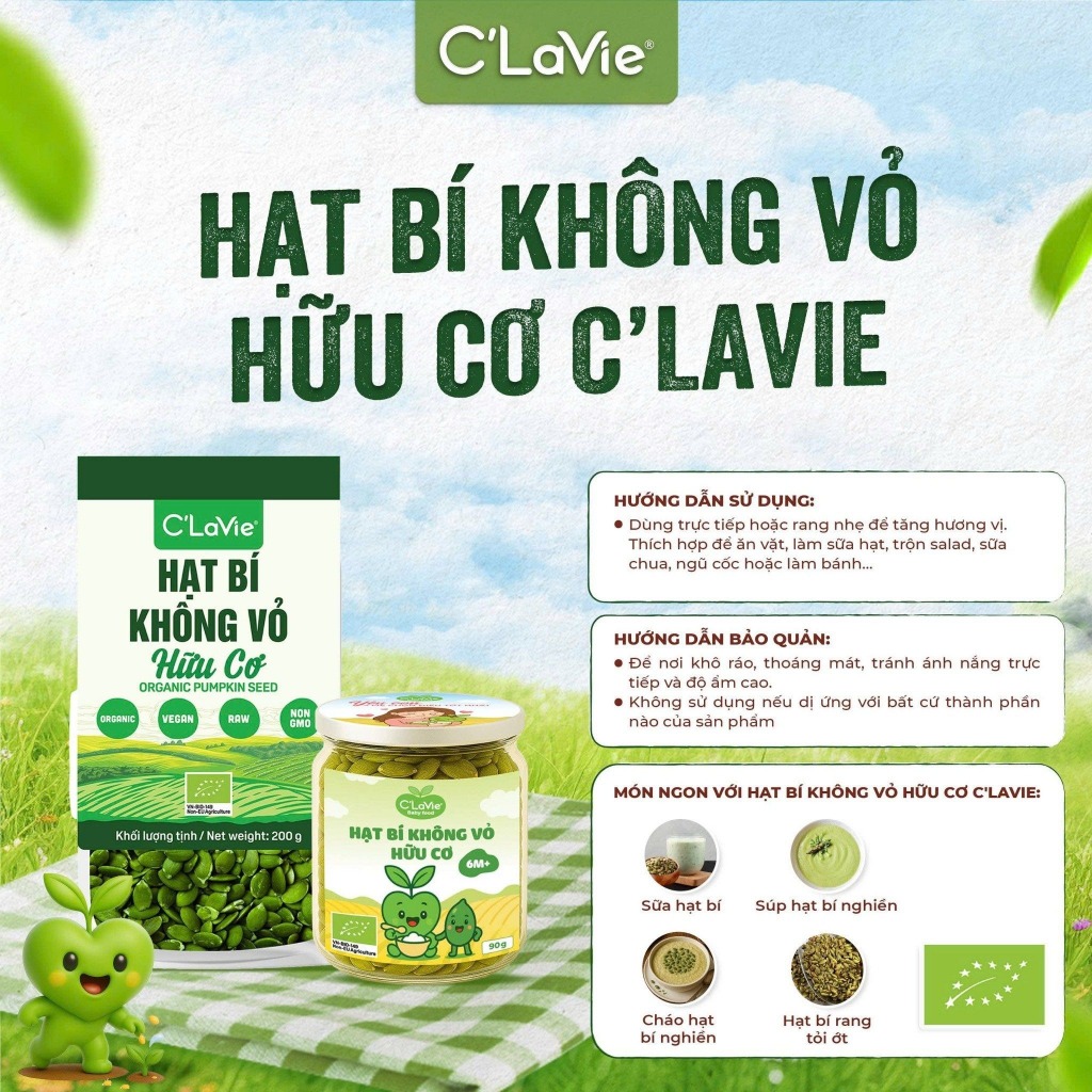Hạt bí hữu cơ đã bóc vỏ Sottolestelle/ C'lavie/ Biobees Organic Pumpkin Seeds 200g
