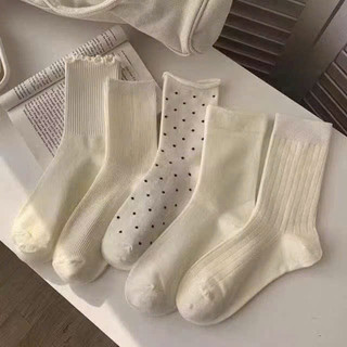 Combo 10 đôi tất màu trắng, hoạ tiết chấm bi tất cao cổ M003 🌸🌸🌸
