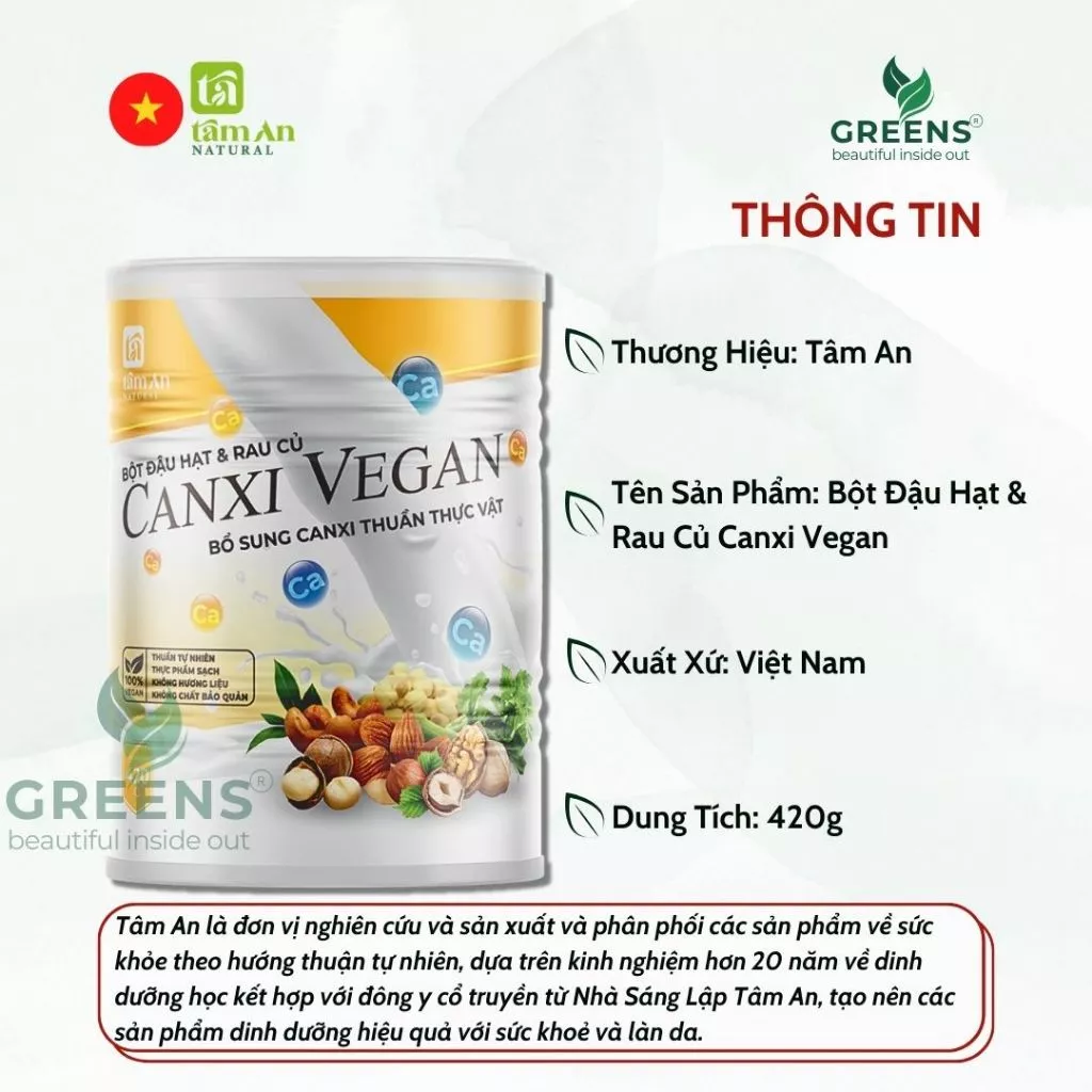 Bột Canxi Vegan Tâm An - Ngũ Cốc Thuần Chay Bổ Sung Canxi - Greens Beauty