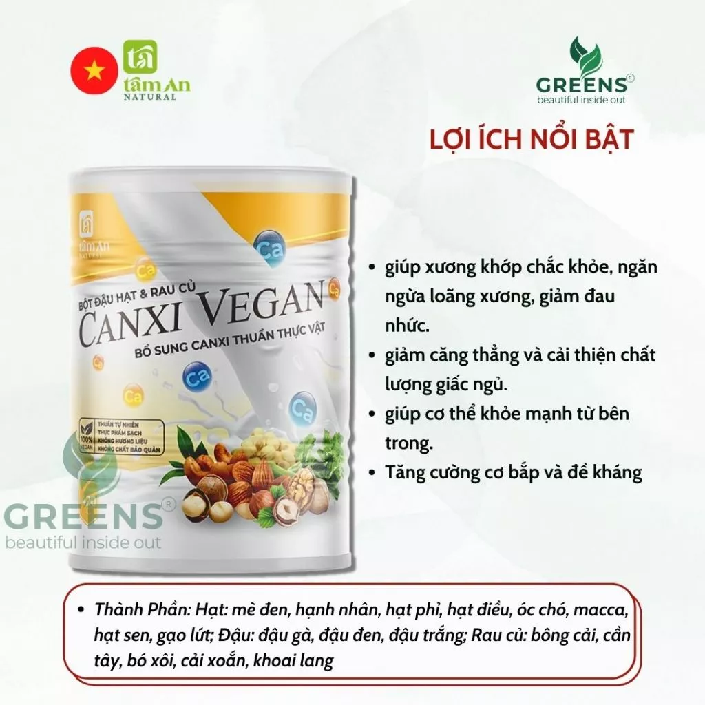 Bột Canxi Vegan Tâm An - Ngũ Cốc Thuần Chay Bổ Sung Canxi - Greens Beauty