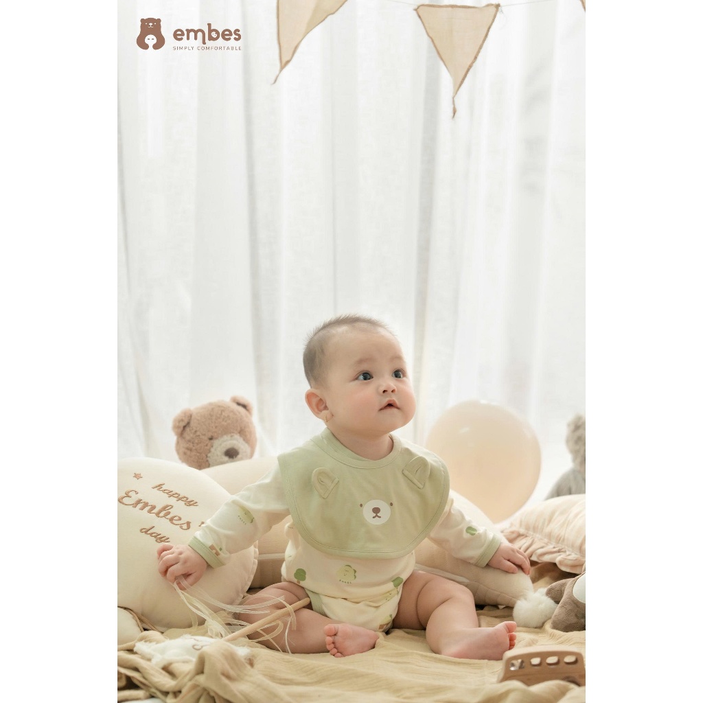 Khăn Cho Bé Embes, Yếm Tròn In Hình Gấu Dễ Thương Chất Mềm Mại, Thấm Hút Cho Bé Sơ Sinh, Ăn Dặm
