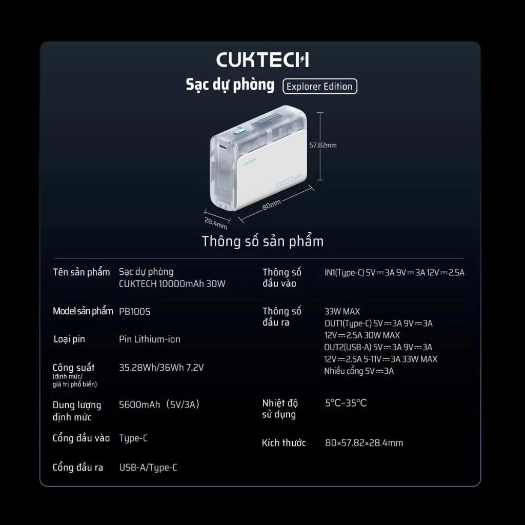 Pin dự phòng Cuktech hỗ trợ sạc nhanh Mi Turbo Charge cho Xiaomi
