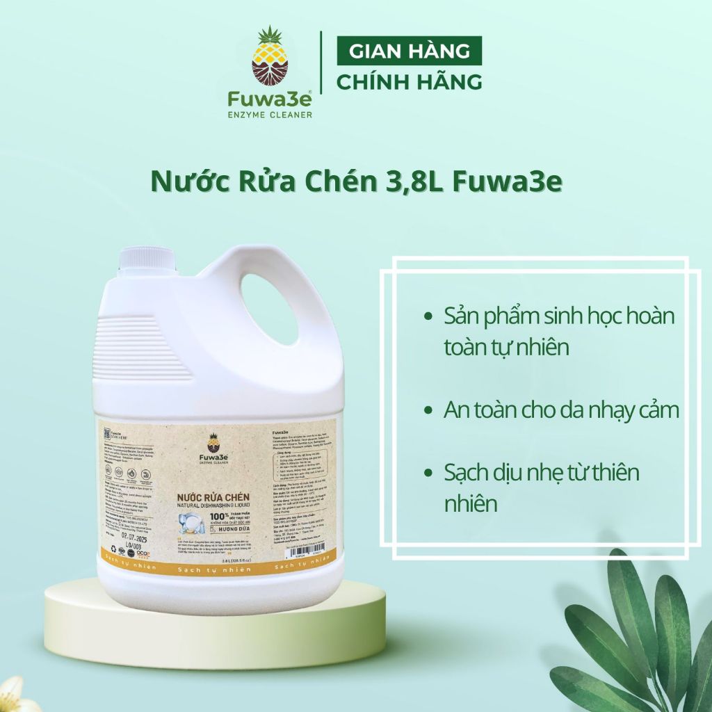 Nước rửa chén Fuwa3e organic Enzyme sinh học khử mùi, an toàn cho da nhạy cảm 3800ml