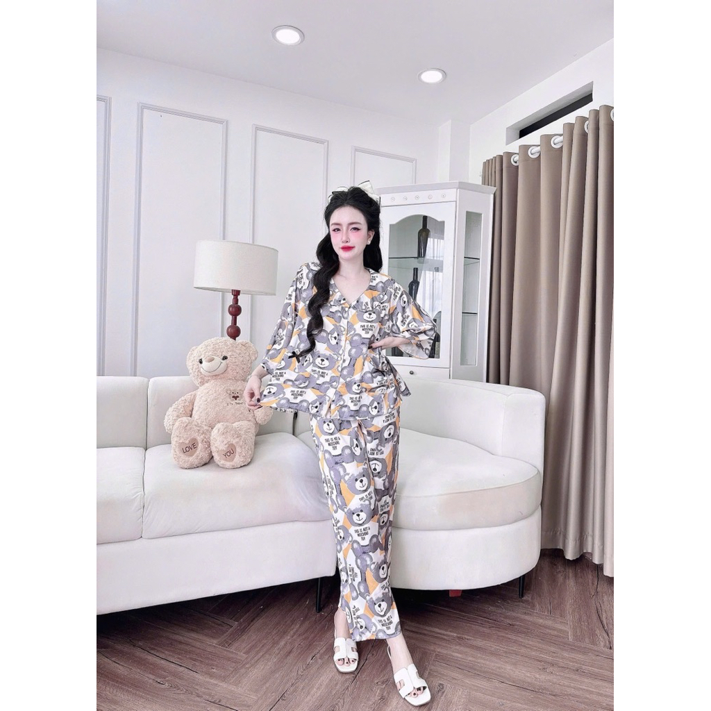40-62kg Bộ pijama Gấu MOS cổ sen tay loe lỡ 2 túi lụa latin mềm mát