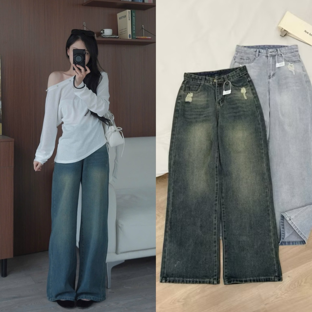 Quần jeans suông 2 màu rách bên the.sweaterweather TSW