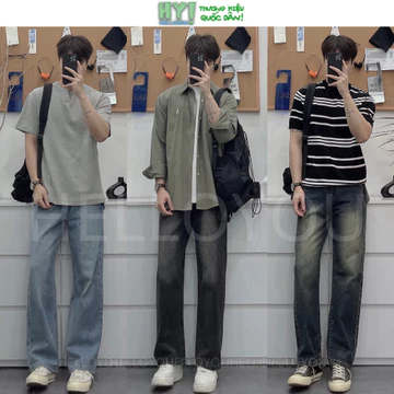Quần jean nam Đen Xám Trầm Smoke ống suông rộng HELLOYOU, quần bò nam baggy chất jeans cao cấp phong cách Retro 2025