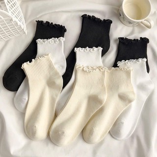 Set 10 đôi tất nữ cổ ngắn viền bèo dễ thương, vớ cotton co giãn thoáng khí, chống hôi chân tiện lợi