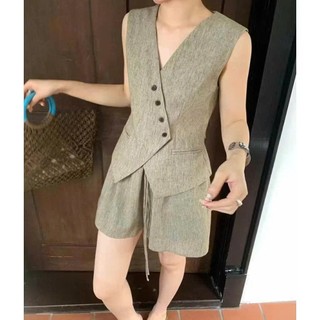 Set Bộ Đồ Nữ Chéo Hàn Quốc Phối Cổ V Đính Cúc Chéo Vạt Nhọn Mix Quần Sooc Đùi