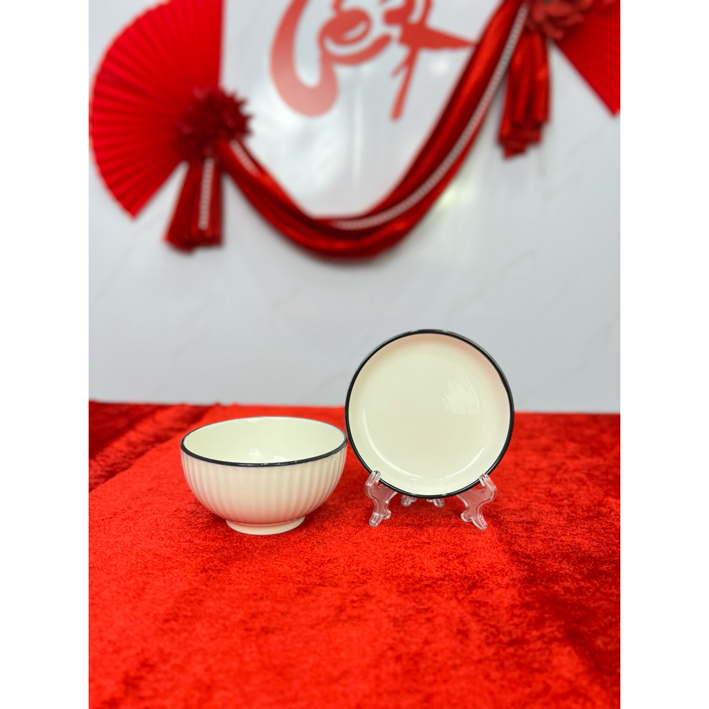 Bộ bát đĩa gốm sứ cao cấp trắng viền đen, bộ bát đĩa cao cấp, bộ chén đĩa gia đình