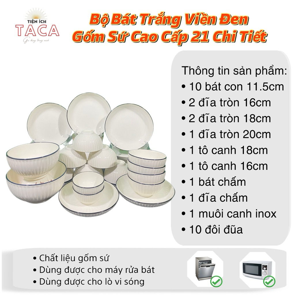 Bộ bát đĩa gốm sứ cao cấp trắng viền đen, bộ bát đĩa cao cấp, bộ chén đĩa gia đình