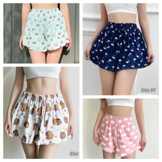 [Size 38kg-70kg] Quần đùi nữ mặc nhà thun lạnh họa tiết, lưng thun co giản, thoáng mát