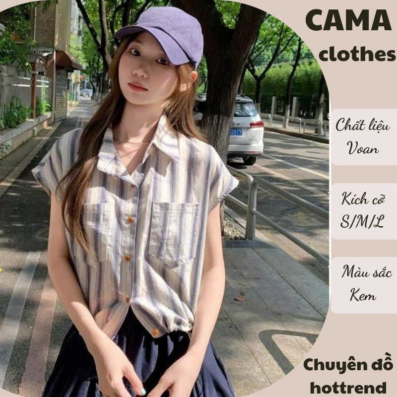 Áo nữ kiểu, Sơ mi sọc tay hến kẻ xanh rút eo chất thô mát HCOM2917 Cama ...