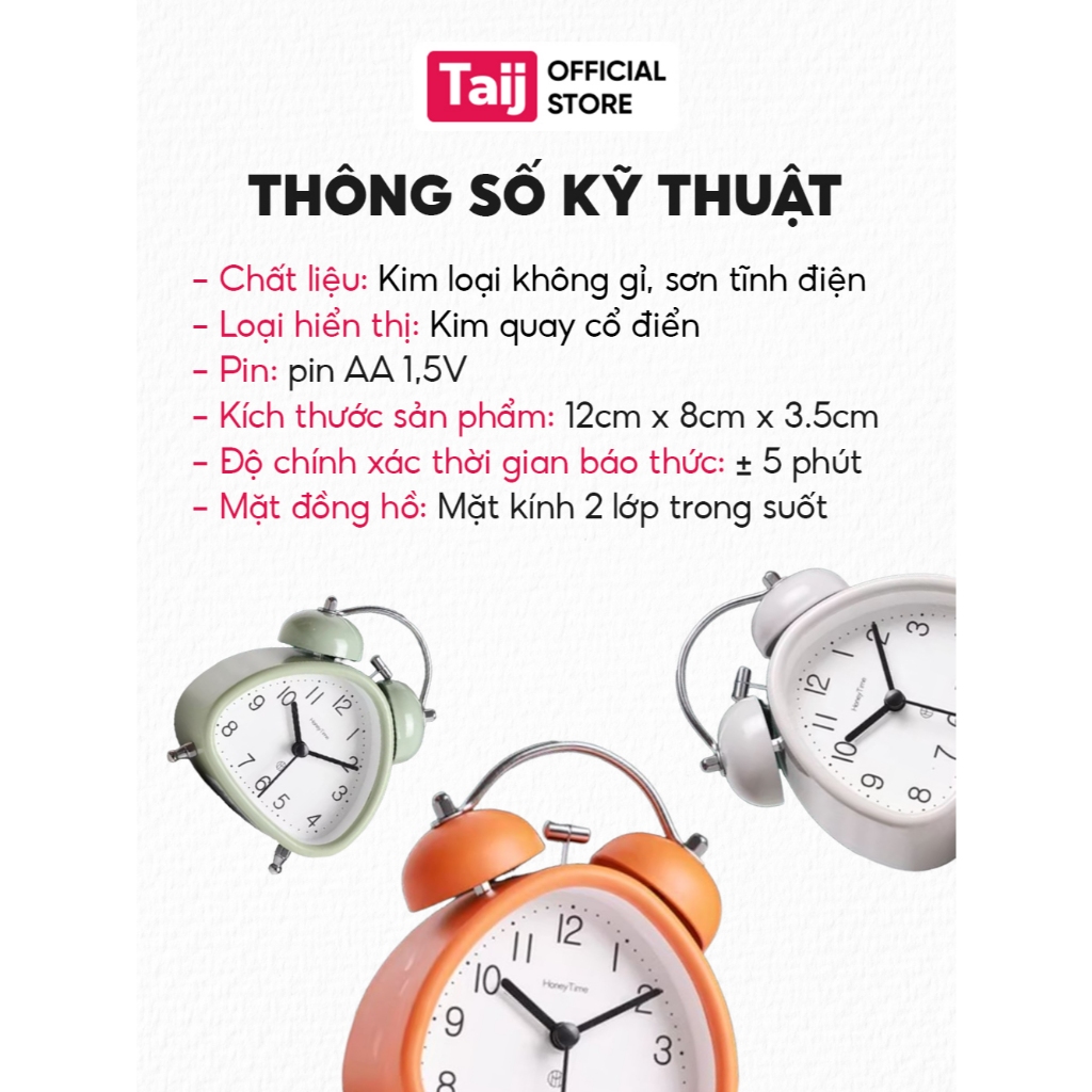 Đồng Hồ Báo Thức, Đồng Hồ Báo Thức Hình Tam Giác Cute Có Hai Chuông Báo Lớn, Kích Thước 3 Inh