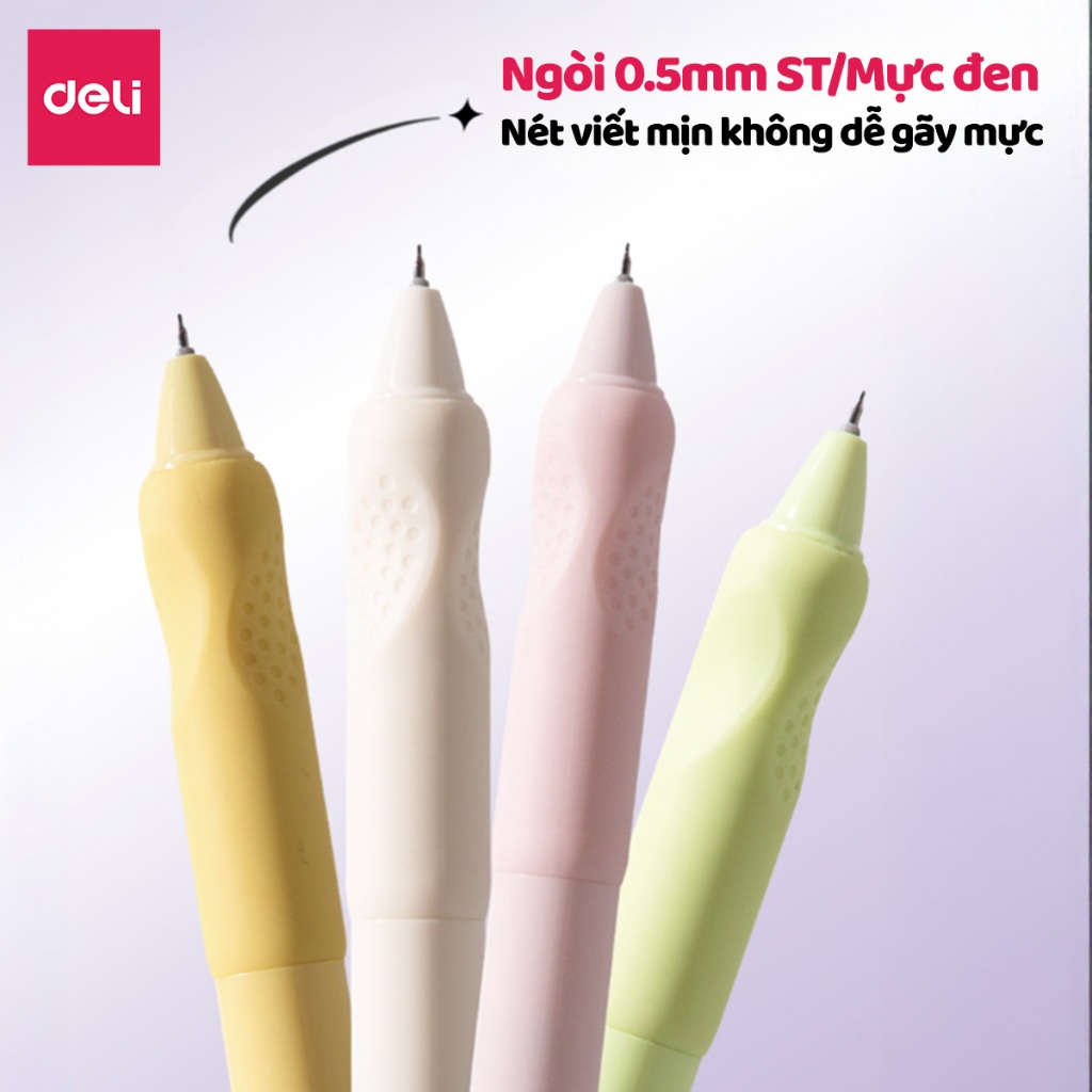 Combo Bút Gel Bấm Deli Họa Tiết Dễ Thương Định Vị Tay Cầm0.5mm ST Mực Đen Thiết Kế Màu Kẹo Bắt Mắt