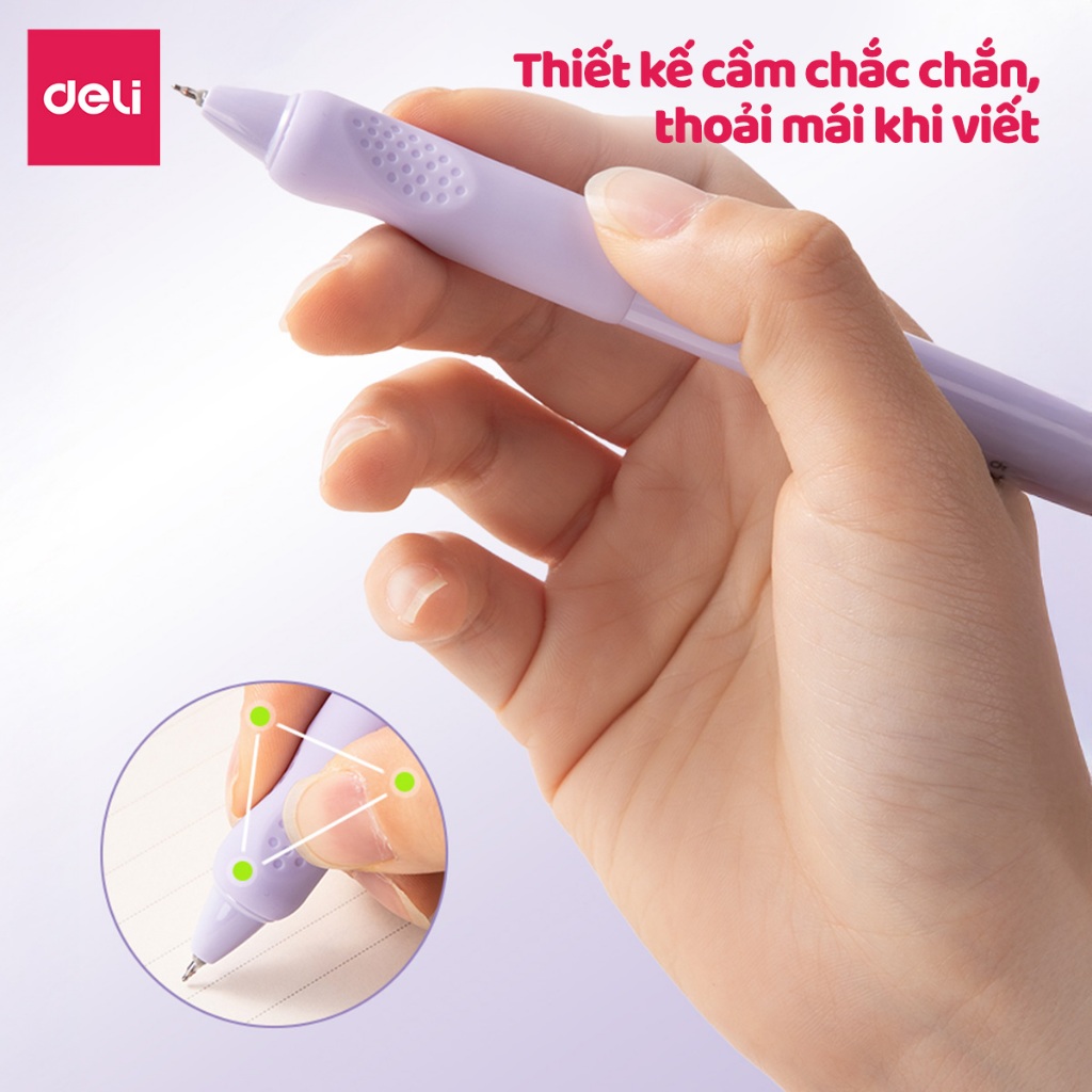 Combo Bút Gel Bấm Deli Họa Tiết Dễ Thương Định Vị Tay Cầm0.5mm ST Mực Đen Thiết Kế Màu Kẹo Bắt Mắt