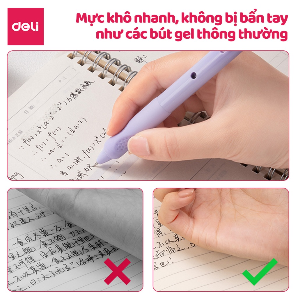 Combo Bút Gel Bấm Deli Họa Tiết Dễ Thương Định Vị Tay Cầm0.5mm ST Mực Đen Thiết Kế Màu Kẹo Bắt Mắt