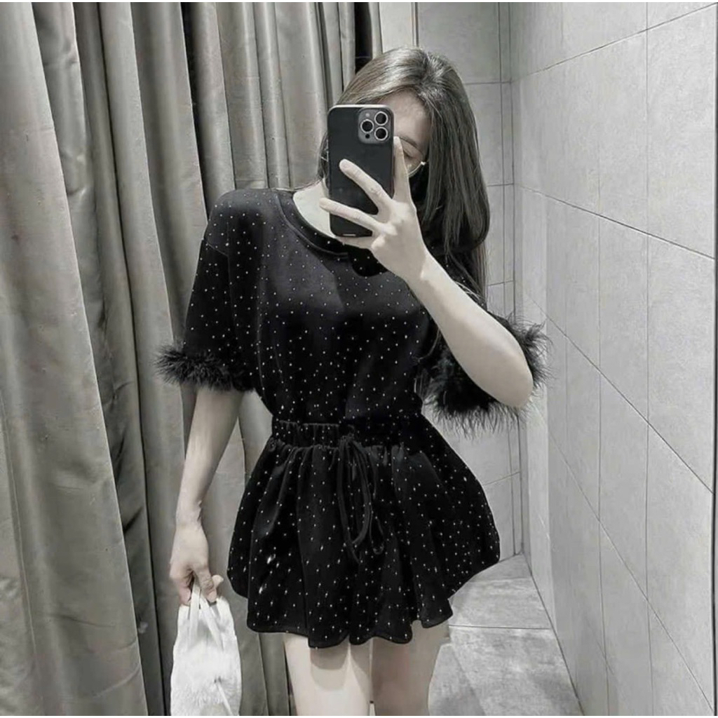 KK31- sét bộ váy nhung đính đá cao cấp tay lông, áo form to tay lông mix váy xòe quần bí