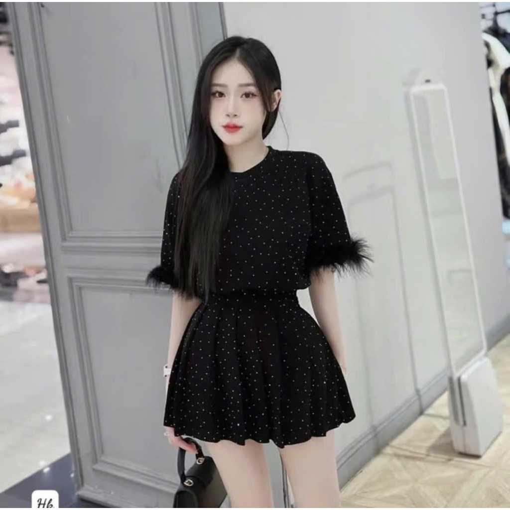 KK31- sét bộ váy nhung đính đá cao cấp tay lông, áo form to tay lông mix váy xòe quần bí