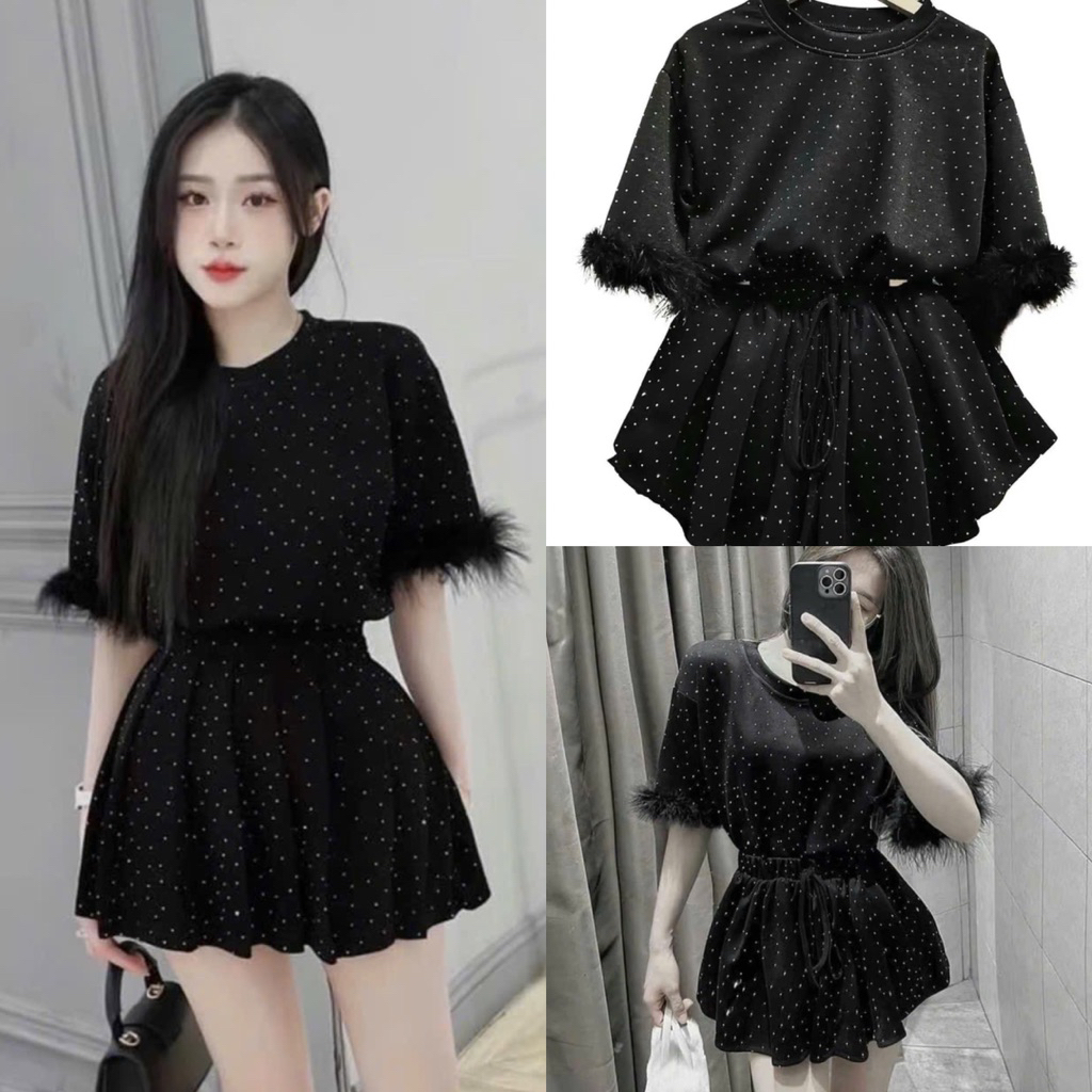KK31- sét bộ váy nhung đính đá cao cấp tay lông, áo form to tay lông mix váy xòe quần bí