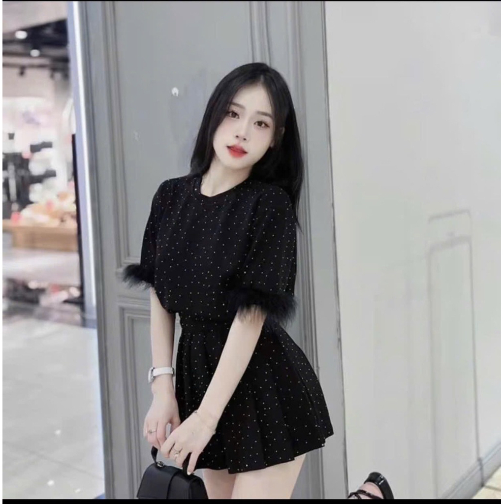 KK31- sét bộ váy nhung đính đá cao cấp tay lông, áo form to tay lông mix váy xòe quần bí