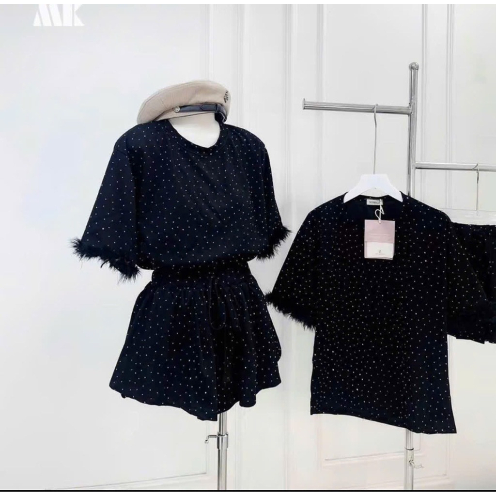 KK31- sét bộ váy nhung đính đá cao cấp tay lông, áo form to tay lông mix váy xòe quần bí
