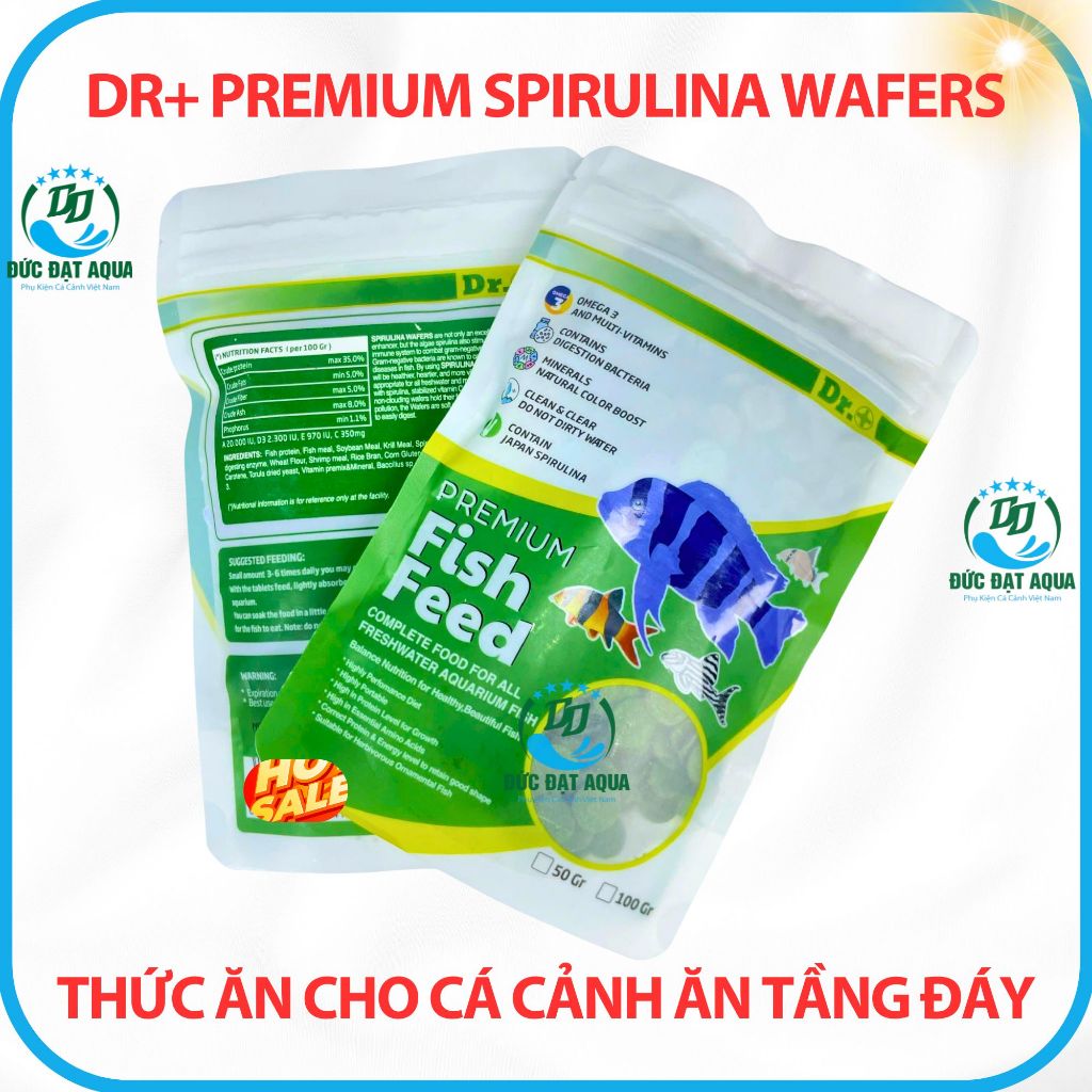 Thức ăn cho cá, ăn tầng đáy không làm đục nước cá biển, và nước ngọt Dr+ Premium Spirulina Wafers