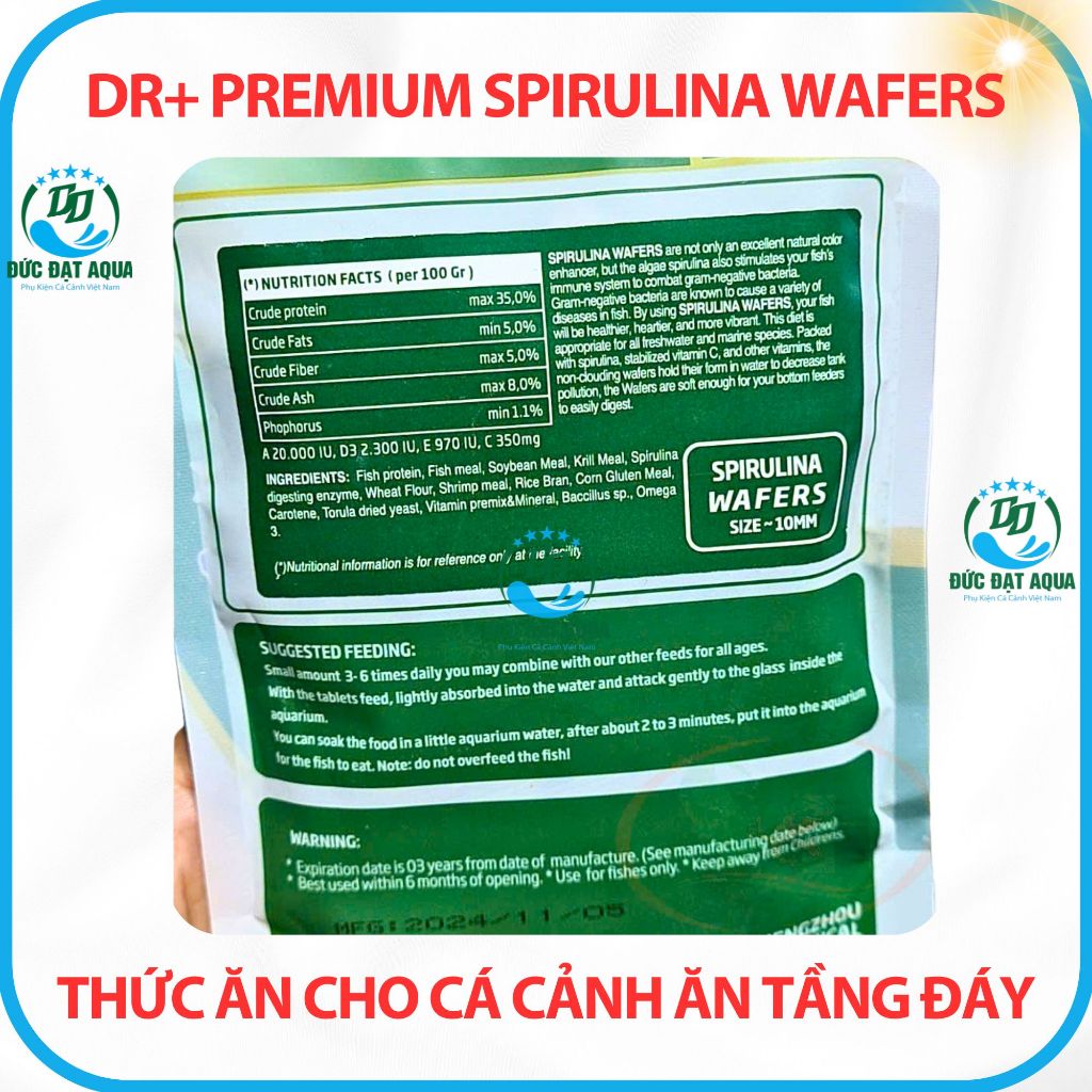 Thức ăn cho cá, ăn tầng đáy không làm đục nước cá biển, và nước ngọt Dr+ Premium Spirulina Wafers 5