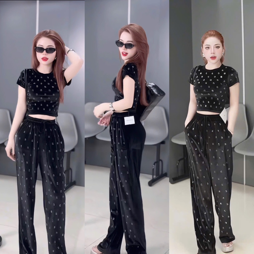 GG39- sét bộ nhung chữ a, áo nhung croptop full chữ a mix quân nhung đang dài