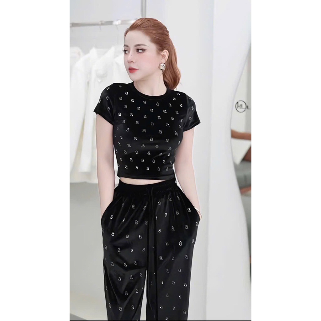 GG39- sét bộ nhung chữ a, áo nhung croptop full chữ a mix quân nhung đang dài