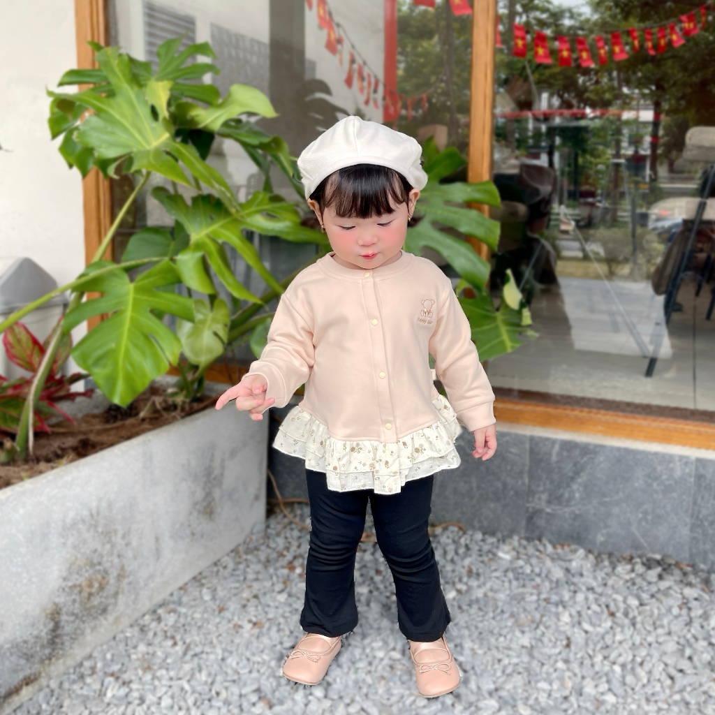 Áo Khoác Bé Gái Phối Bèo Nỉ Bông Giữ Ấm Mùa Đông – Phong Cách Hàn – Size 6M-3Y | QA229
