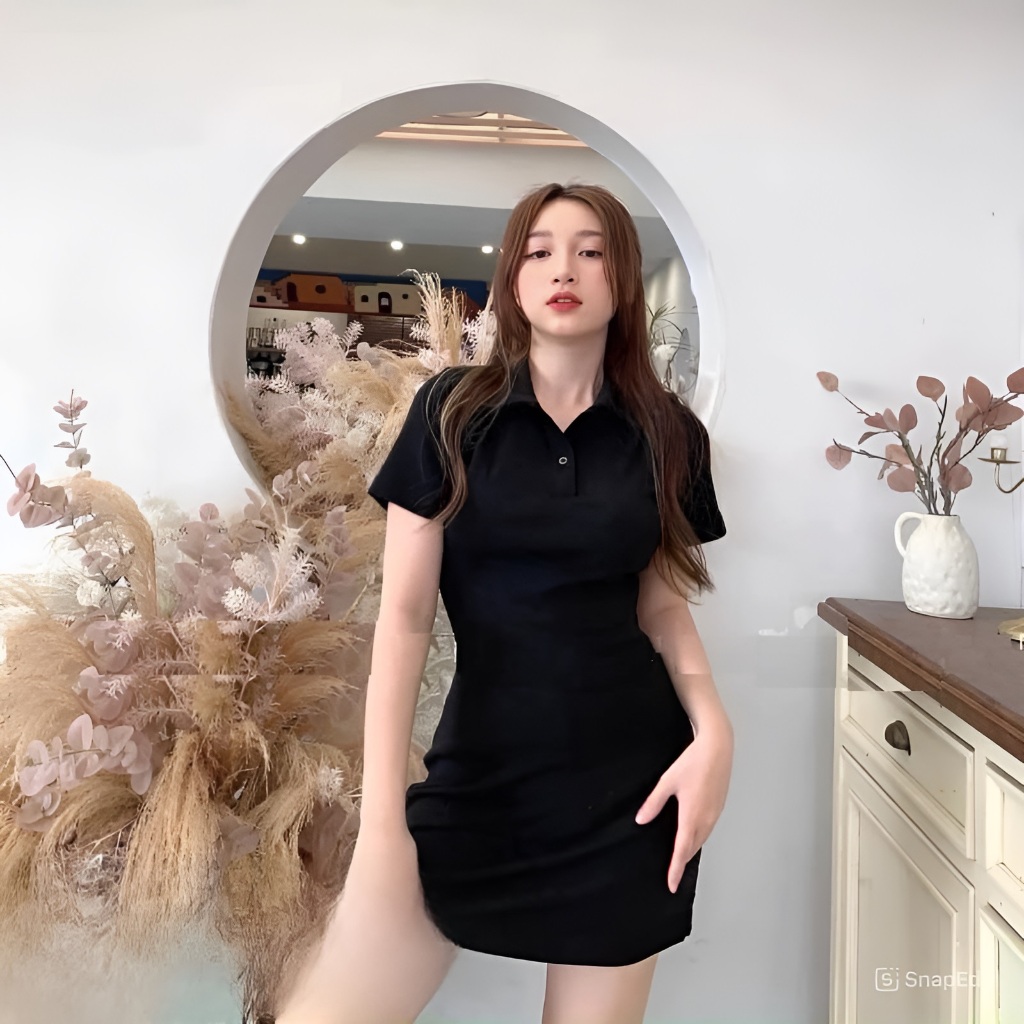 Đầm polo dáng suông đen polo dáng ngắn trên gối trẻ trung năng động Váy phông có cổ body liền thân basic đơn giản T1268G