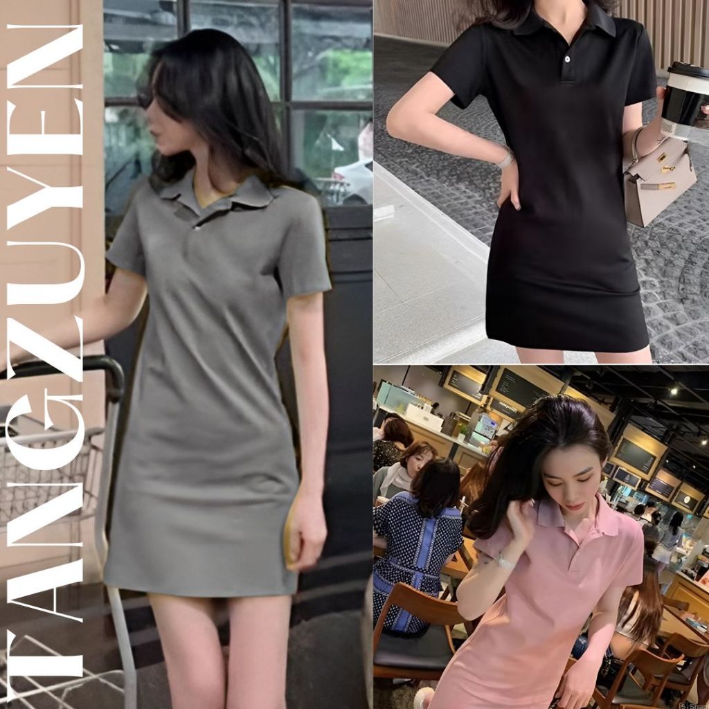 Đầm polo dáng suông đen polo dáng ngắn trên gối trẻ trung năng động Váy phông có cổ body liền thân basic đơn giản T1268G