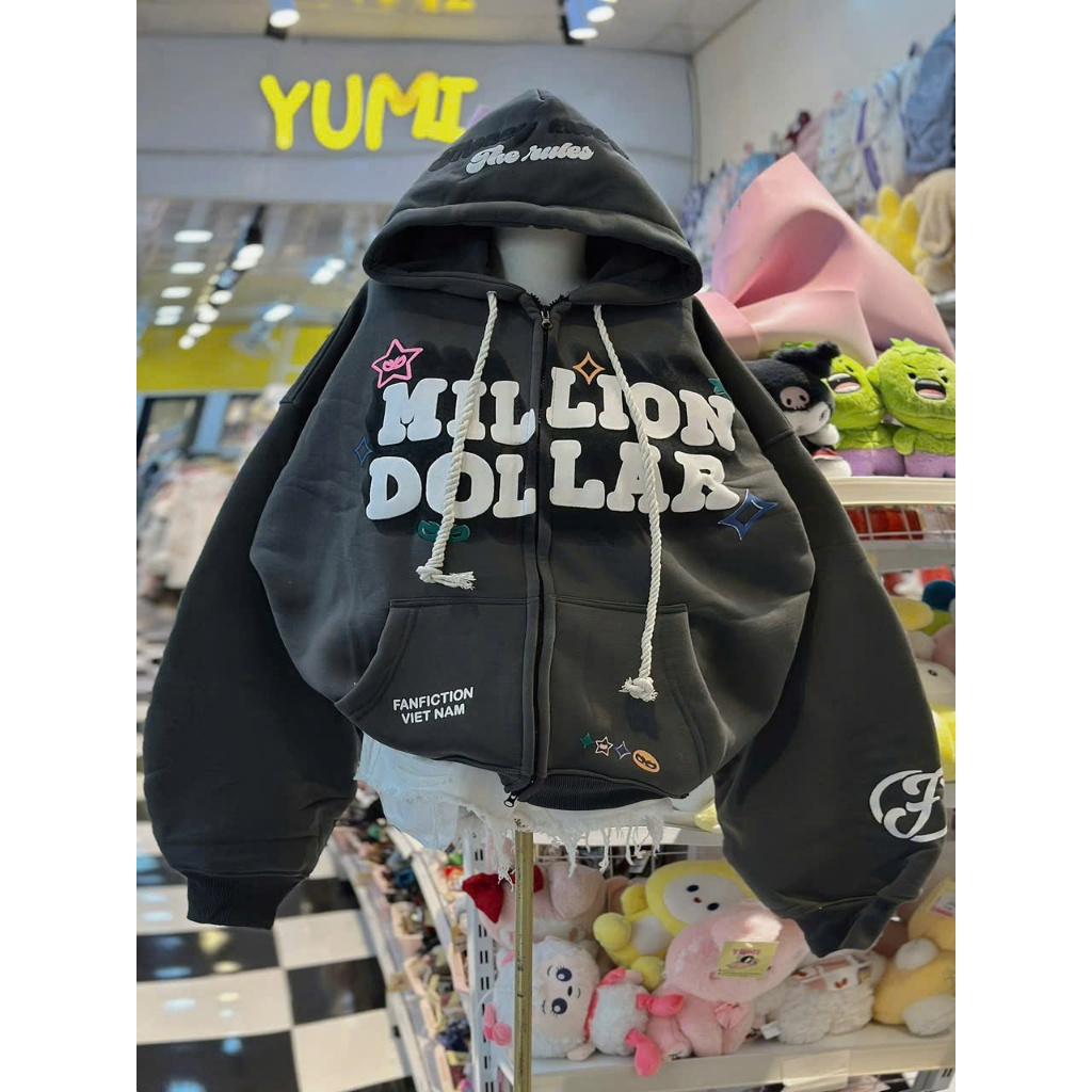Áo khoác hoodie zip MILLON DOLLAR chính diện tăng sự cá tính, logo in nổi chất nỉ dày dặn thoáng mát
