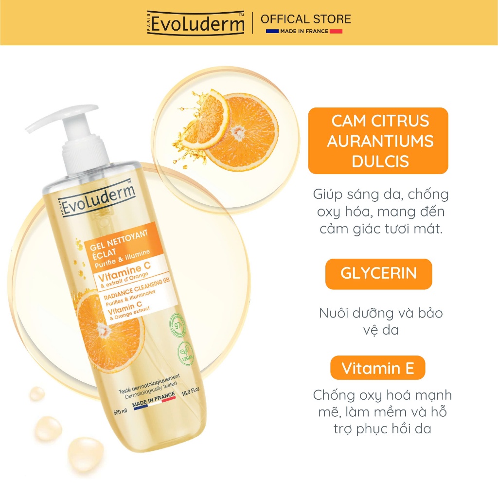 Sữa Rửa Mặt Vitamin C Evoluderm thiên nhiên thuần chay, làm sạch sâu dưỡng da trắng sáng 500ml (QT)