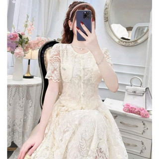 Set váy thời trang nữ mẫu mã sang xịn mịn chất Ren áo tay ngắn cổ tròn tay ngắn viền cườm phối chân váy dài xoè lót Lụa