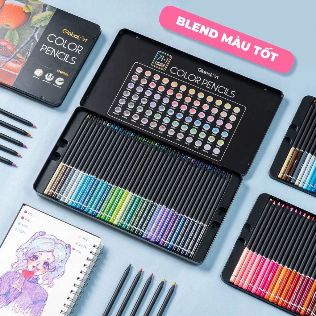 Bút Chì Màu Gốc Dầu Global Art 36 72 Màu Hộp Thiếc Lõi 4mm Màu Đậm Mịn Vẽ Thiết Kế Phác Họa Tô Màu