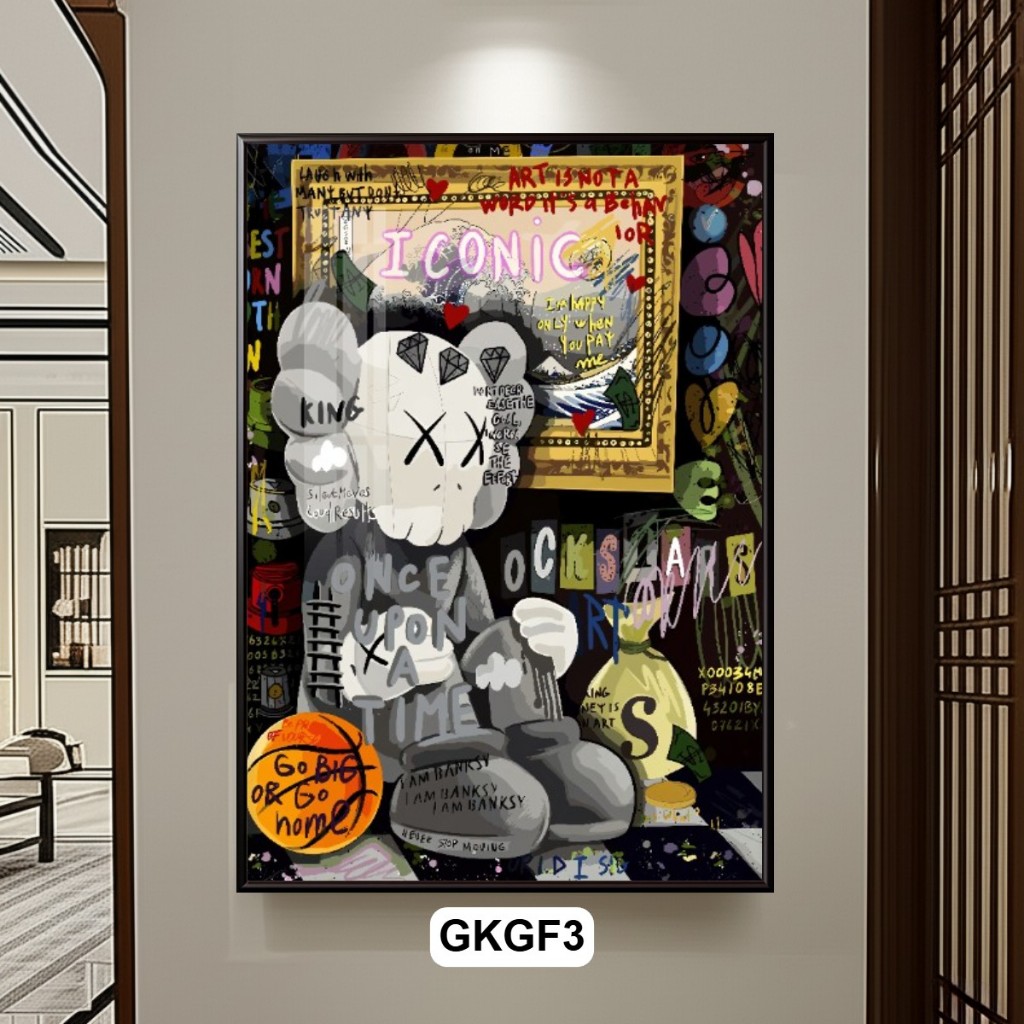 Tranh Gấu Kaws Phong Cách Pop Art Graffiti - Tranh Gấu Kaws Tráng Gương Có Khung Decor Phòng Khách, Góc Gaming