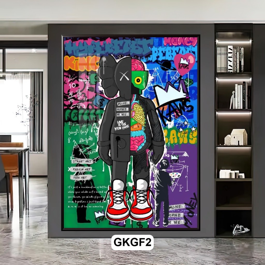 Tranh Gấu Kaws Phong Cách Pop Art Graffiti - Tranh Gấu Kaws Tráng Gương Có Khung Decor Phòng Khách, Góc Gaming