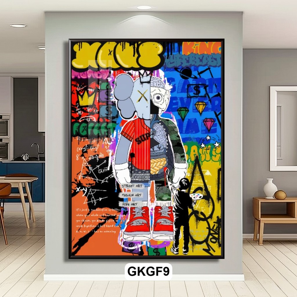 Tranh Gấu Kaws Phong Cách Pop Art Graffiti - Tranh Gấu Kaws Tráng Gương Có Khung Decor Phòng Khách, Góc Gaming