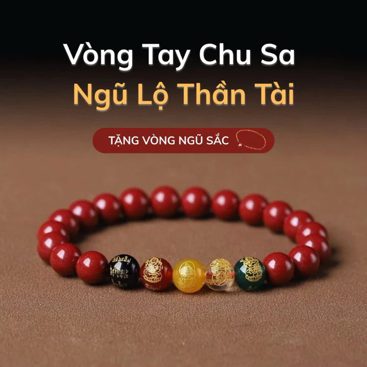 [Tặng Vòng Ngũ Sắc + Rùa Vàng] Vòng Tay Chu Sa Ngũ Lộ Thần Tài Đã Khai Quang Kèm Túi Gấm Đựng