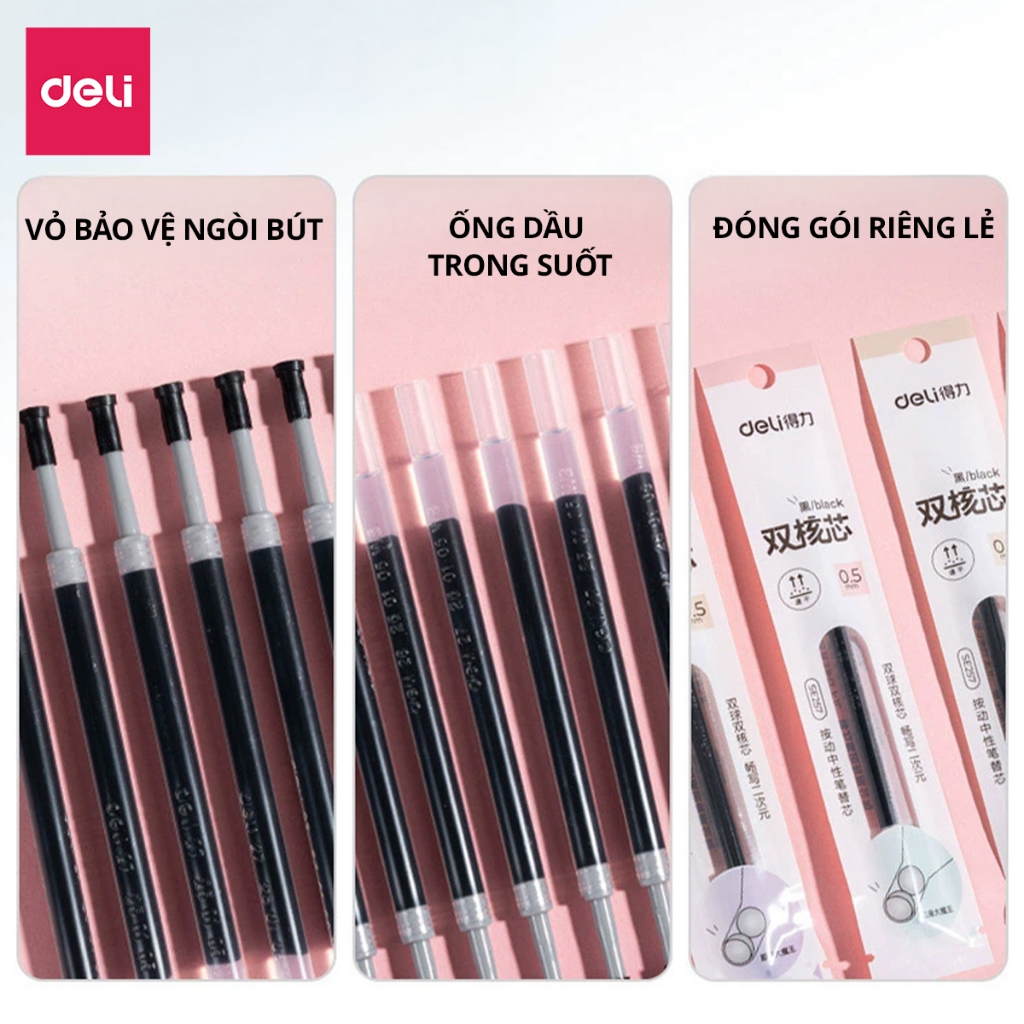 [NGÒI SIÊU MƯỢT] Combo 10 20 Ruột Bút Gel Deli Mực Đen Siêu Mượt Nhanh Khô Ngòi ST 0.5mm Bi Kép Nâng Cấp