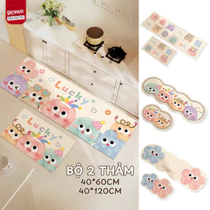 Thảm Bếp Trải Sàn Bộ 2 Thảm Chùi Chân Hoạt Hình Chất Liệu Tảo Cát Siêu Thấm Hút Êm Ái Chống Trượt